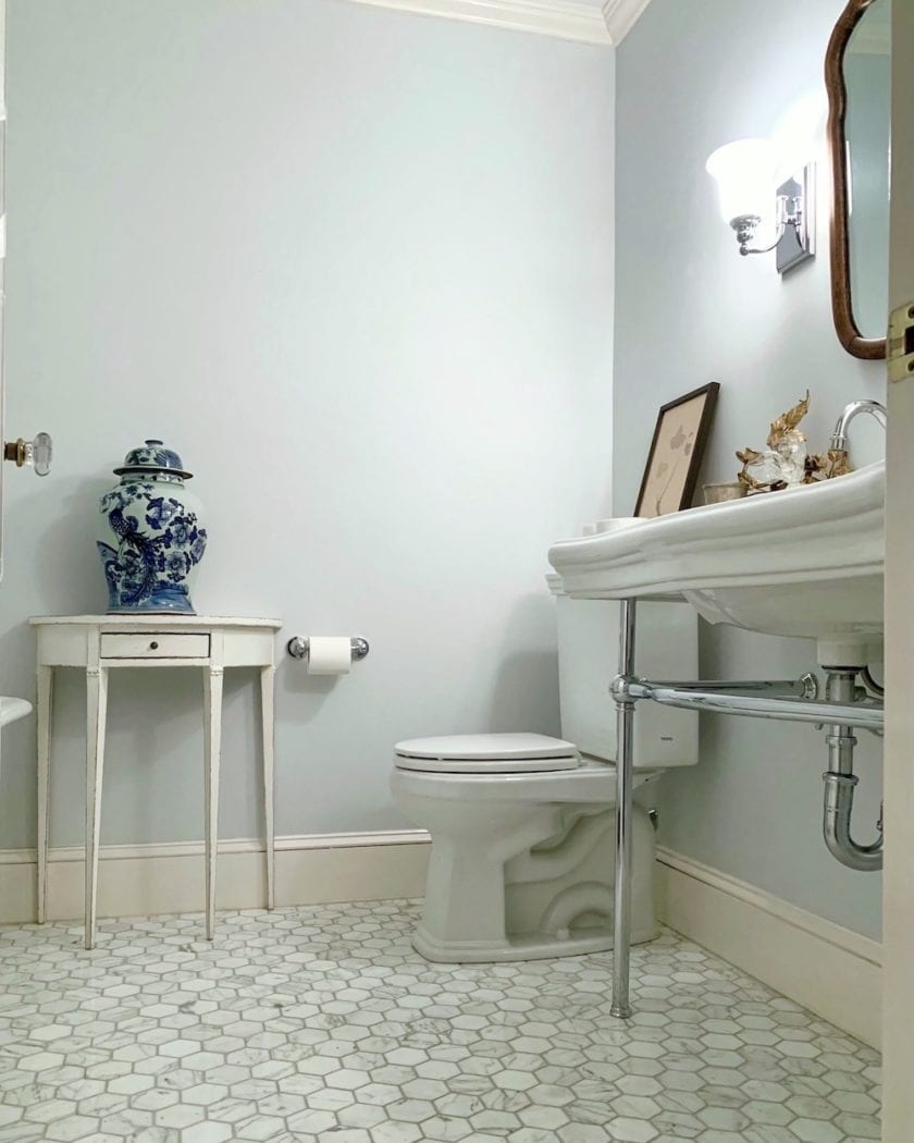 Benjamin Moore upstairs bathroom - paint color -- Benjamin Moore Marilyn's Dress 2123-60 - Chinoiserie ginger jar