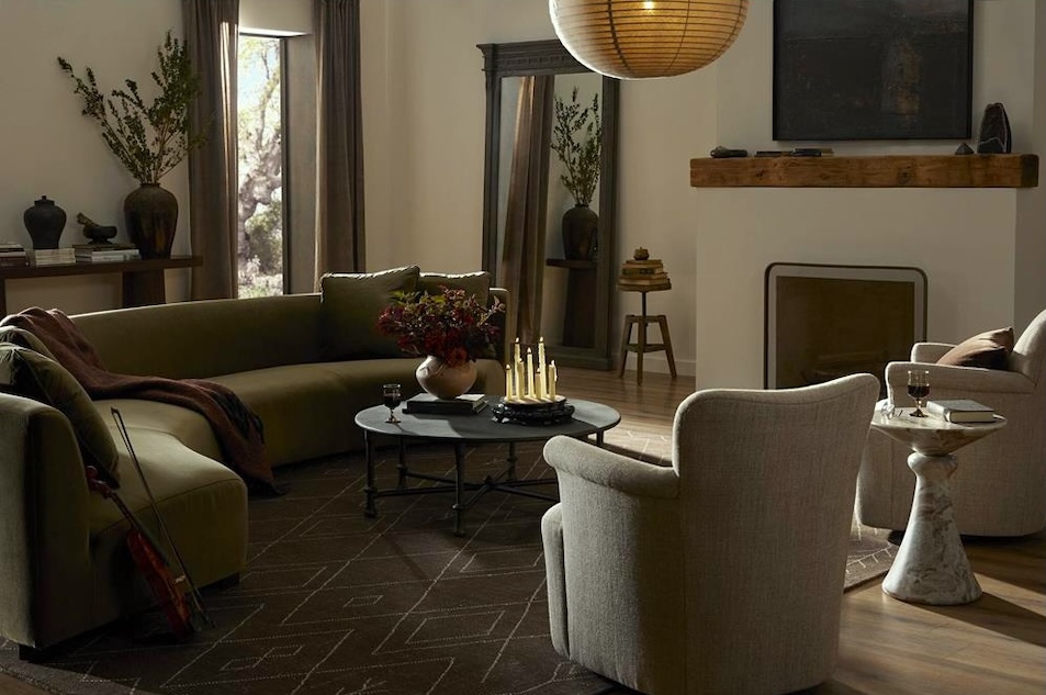 Kathy Kuo green velvet curved sectional 