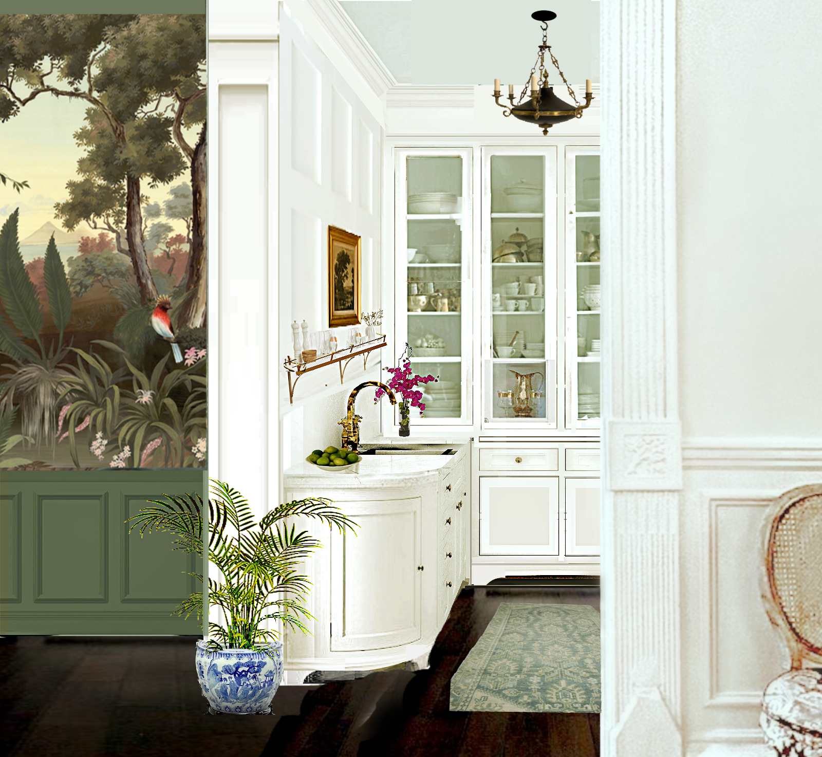 Ananbo tropical wall mural kitchen render doorway wall dark hardwood floor