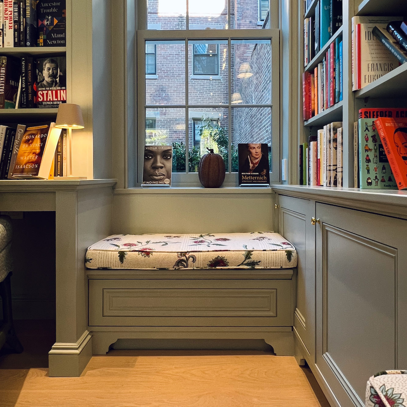 Beacon Hill Books - cabinetry Farrow & Ball Light Blue - like Benjamin Moore Silver Marlin