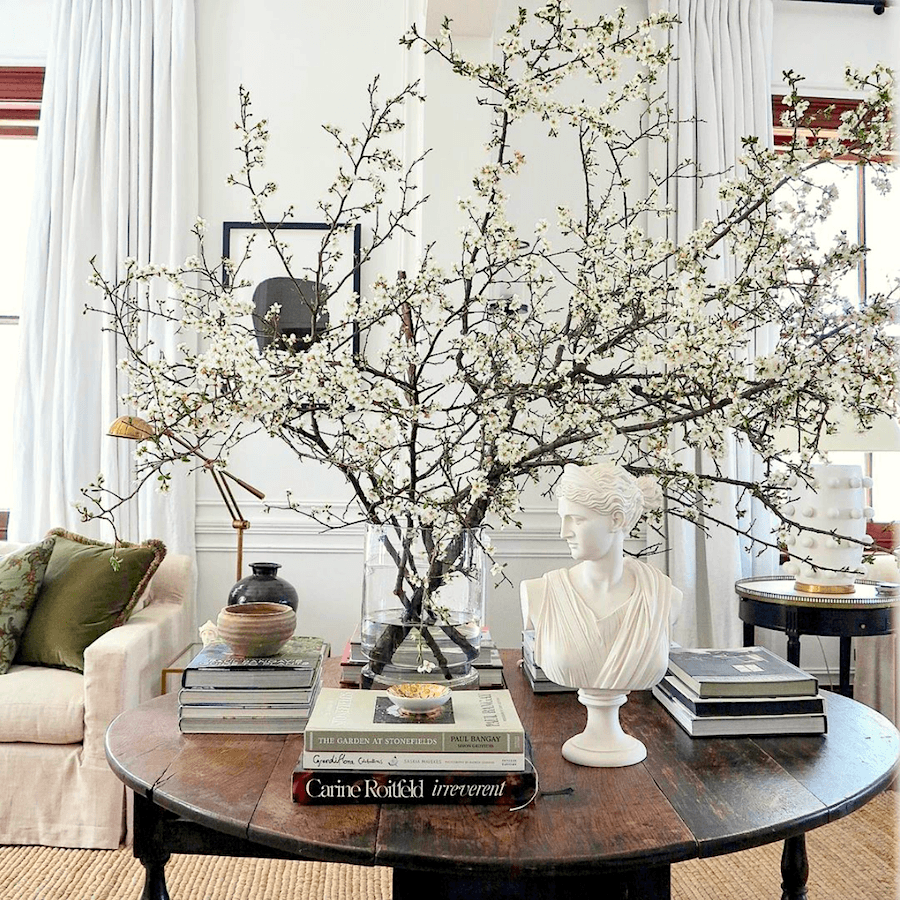 Best neutral color scheme - white walls - Steve Cordony - Rosedale Farm Living room - blooming branches - white linen draperies - interior color palette