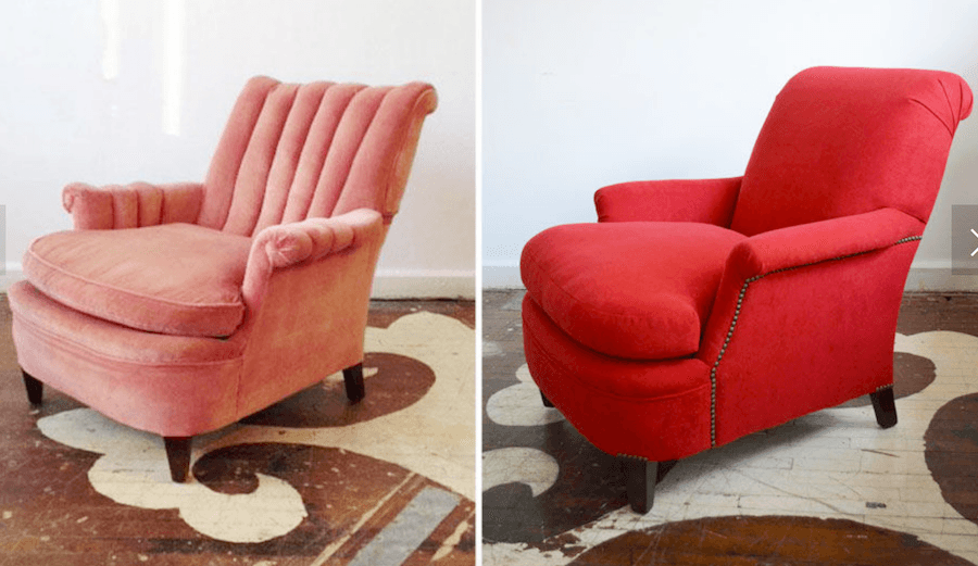 dated living room furniture - reupholstered at Chairloom to look fresh. I adore the after version of this club chair