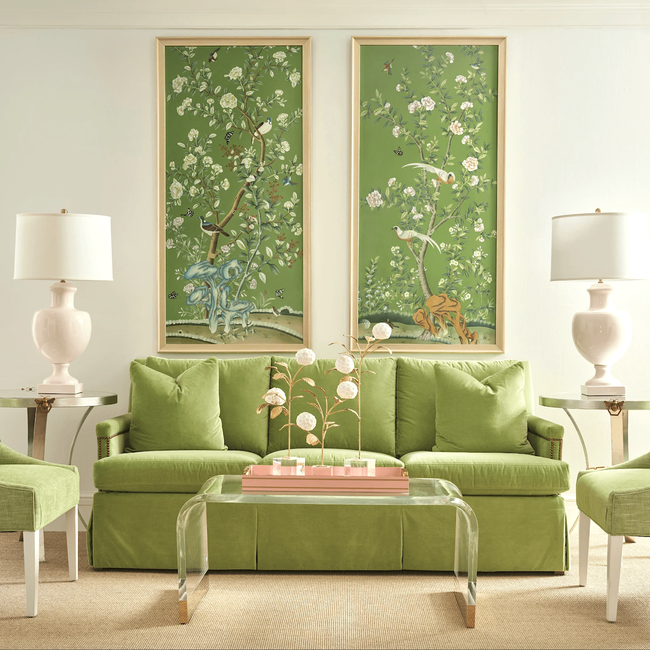 Chelsea House Regent Park in Green Chinoiserie framed panels via the Well Appointed House
