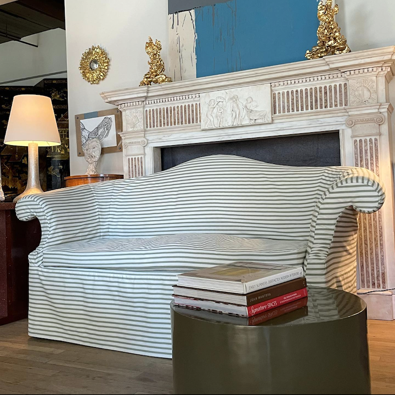 Gerald Bland style shop neo-classical fireplace mantel - slipcover Chippendale sofa