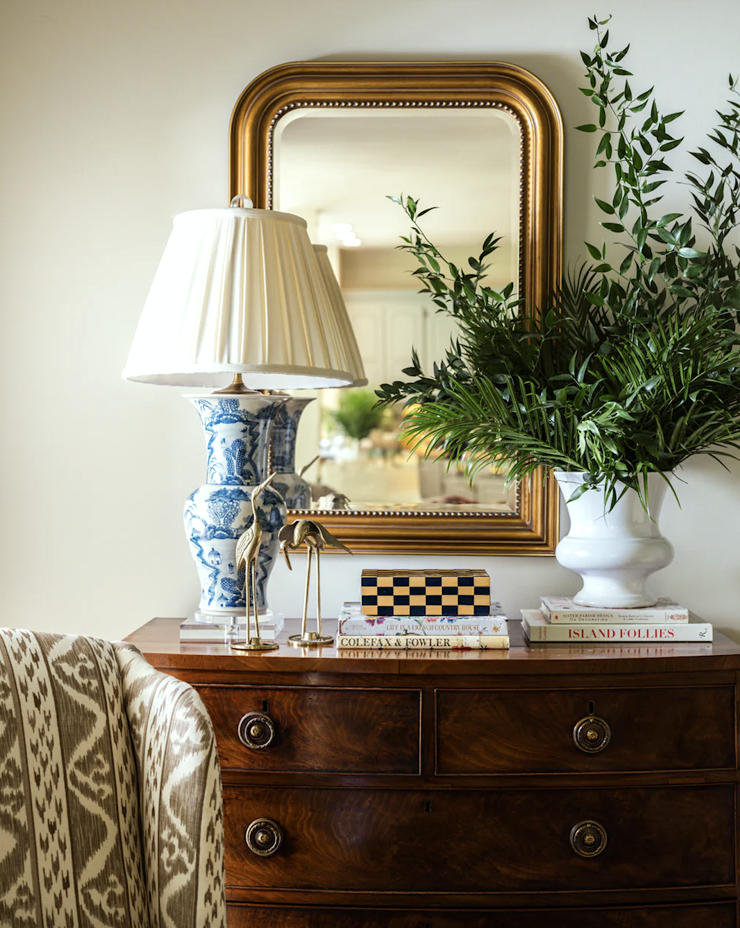 Haley Yarbrough Interiors beautiful vignette Ballard Designs Louis Mirror Chinoiserie lamp
