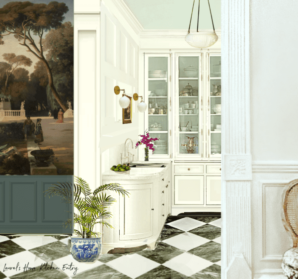 kitchen render - new kitchen perspective milk glass pendant 2 Katie sconces -papiers de paris mural