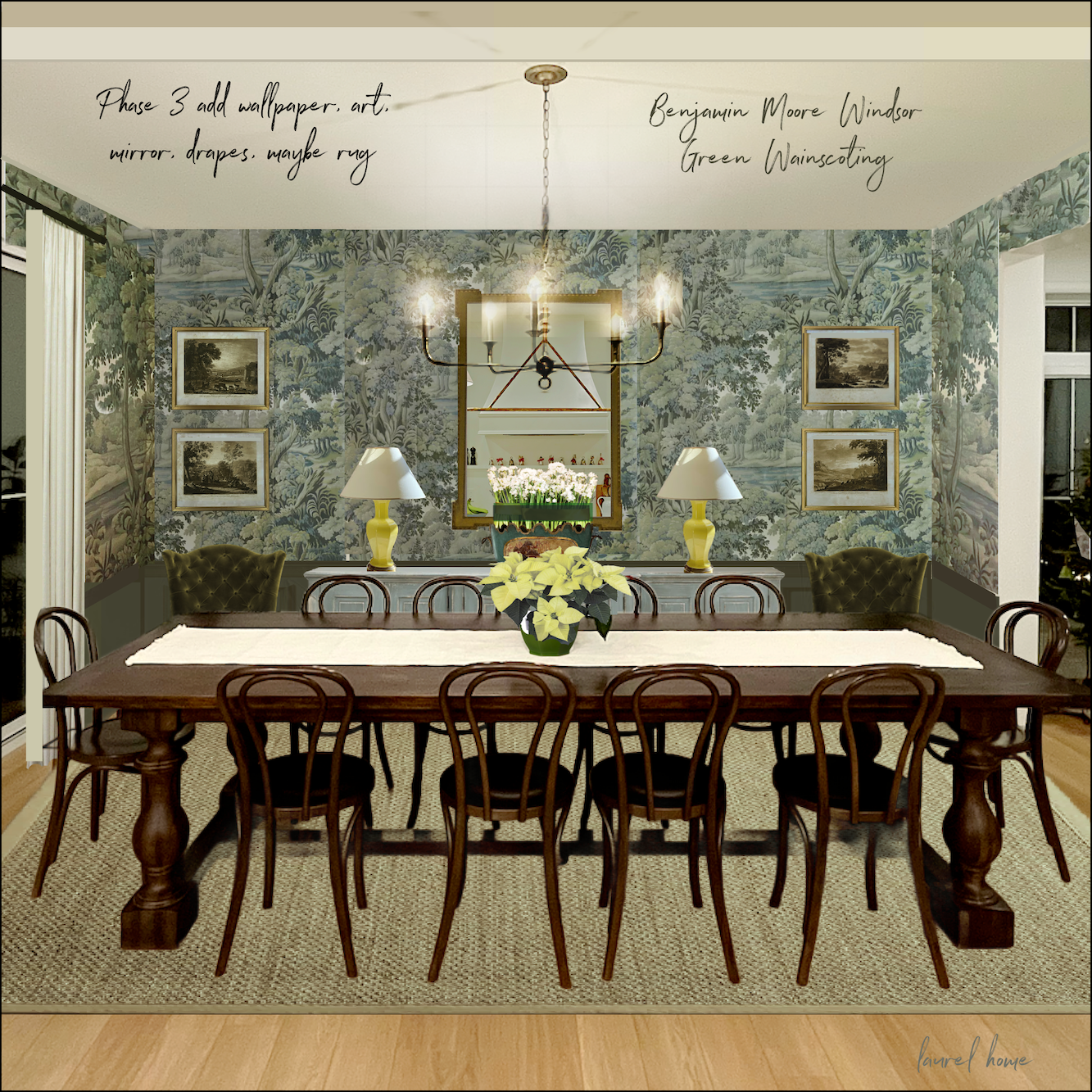 Large empty wall with dark green wainscoting, wallpaper, art, sideboard