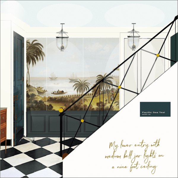 medium bell jar ceiling lanterns - dark teal wainscoting & doors x staircase