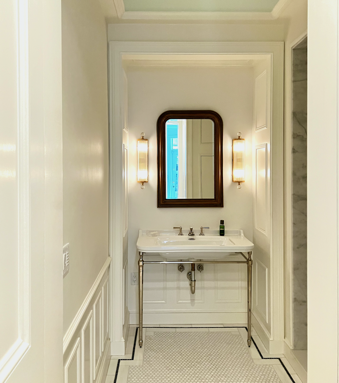 newly renovated primary bathroom with retro bathroom design