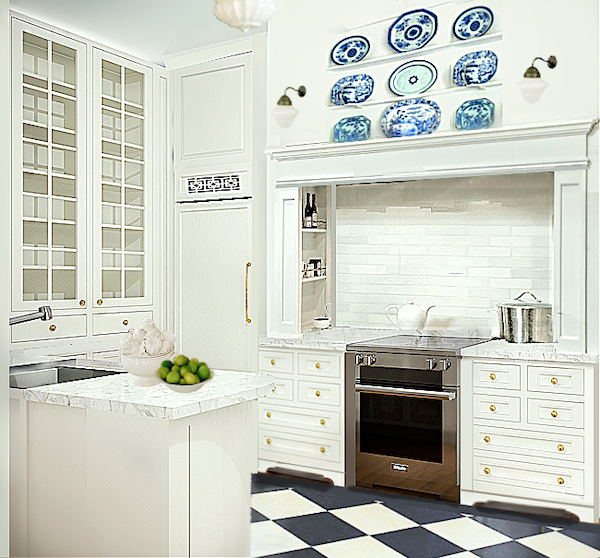 range elevation with Christopher Peacock hood panel blue plates