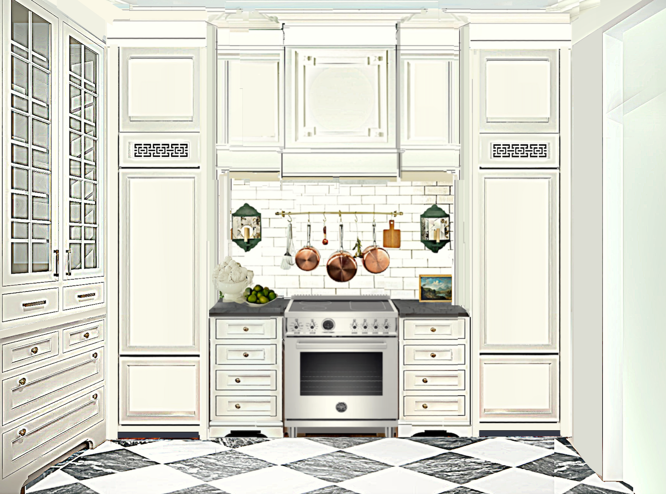 range wall soapstone counter counter French hood with Victorian coving crown pantry and refrigerator on one wall new vent cover 3.7.23