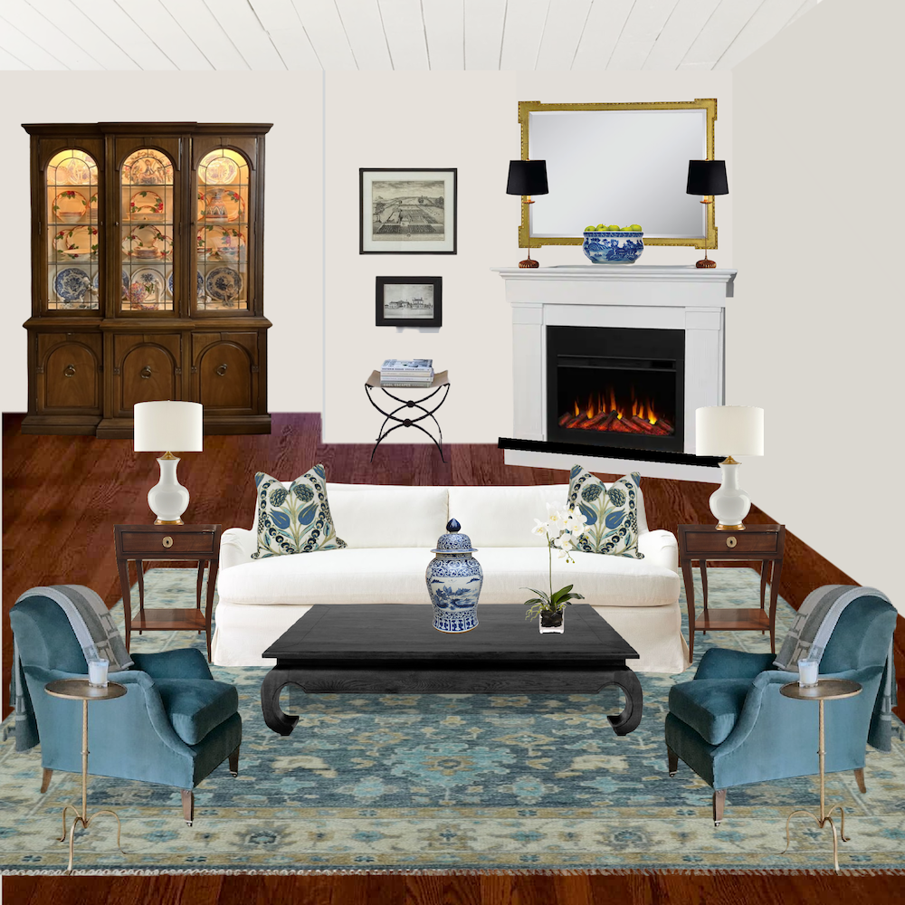 white walls living room blue rug black coffee table copy